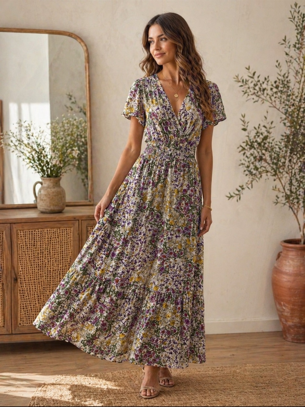 Anthropologie Floral Maxi Dress in Purple, Yellow, White - Picture 2 of 6